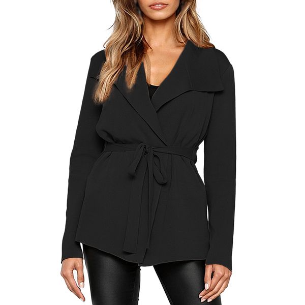 

women casual solid color fashion autumn winter eleagnt ladies cardigan tie-up coat loose outwear trench, Tan;black