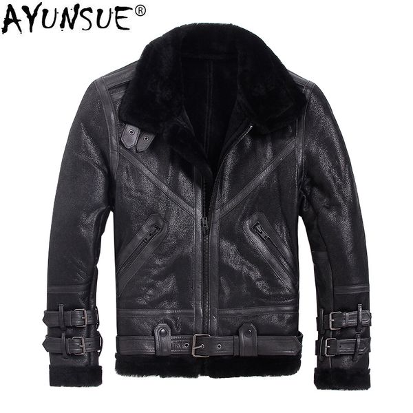 

ayunsue mens leather jacket winter sheepskin coat short genuine leather motorcycle sheep shearling jacket for men wool lining, Black