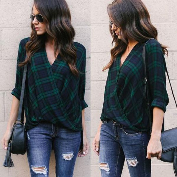 

women ladies fashion plaid cross v-neck t-shirt long sleeve casual loose female t-shirt for women, White