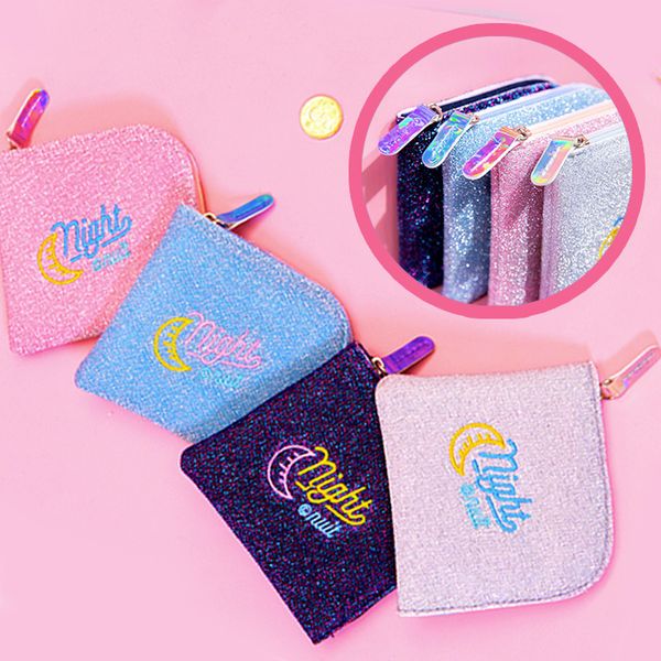 

fashion embroidery coin purse glitter mini money bag credit holders case earphone key storage pocket clutch wallet for women ins, White