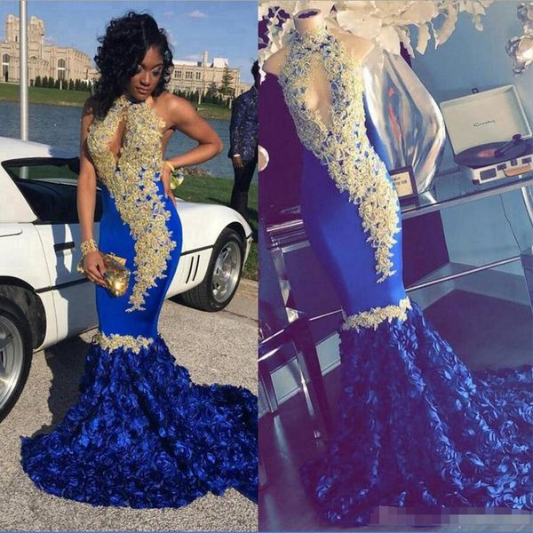 

2020 royal blue gold embroidery prom evening dresses high neck african 3d floral flowers sequins long formal evening dress, Black;red