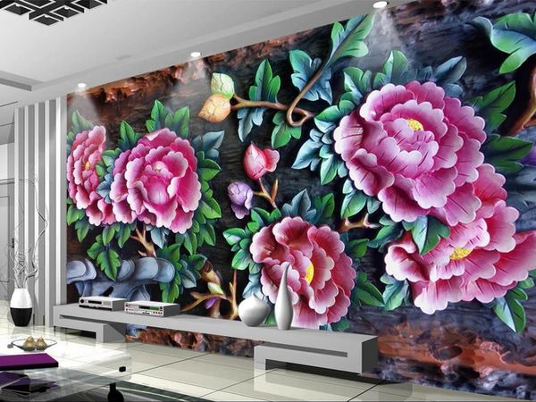 

3d пиона фоне стена резьба по дереву фона стены картины современных обоев для гостиной