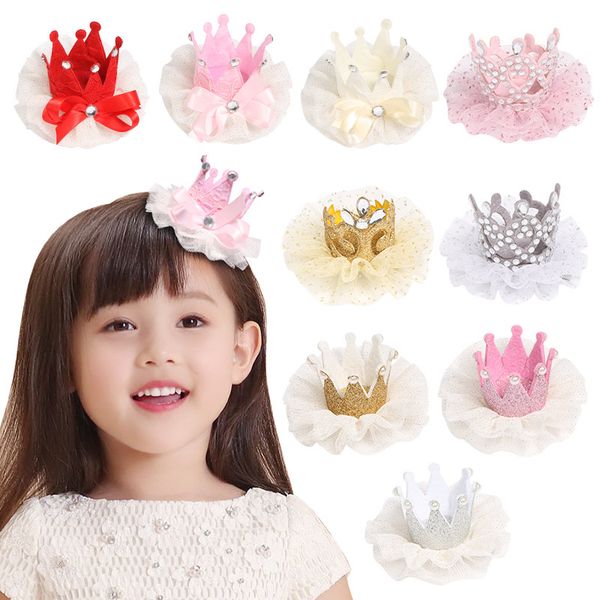 

14pcs glitter princess crown hair clips round lace mesh head crown pearl rhinestone girls hairpin kid hairgrips hair accessories, Slivery;white