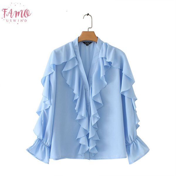 

women sweet ruffled chiffon blouse v neck long sleeve cute female casual fashion blue shirt stylish blusas la855, White
