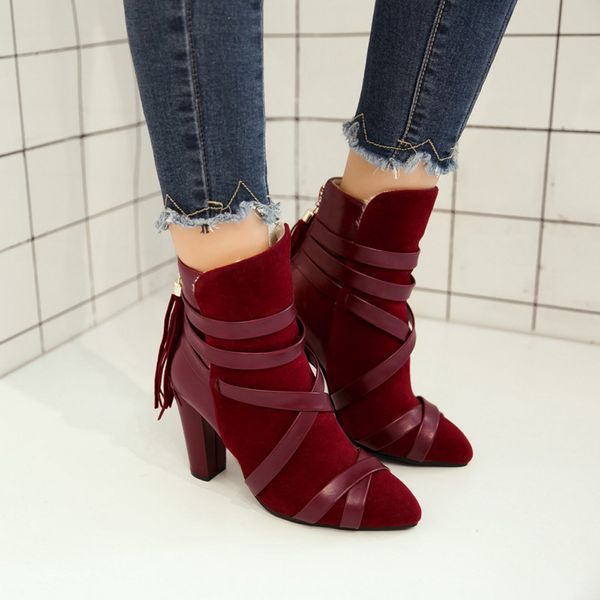 

shoes woman tasselsolid color scrub high heel non-slip pointed toe boot botines mujer #20180926, Black
