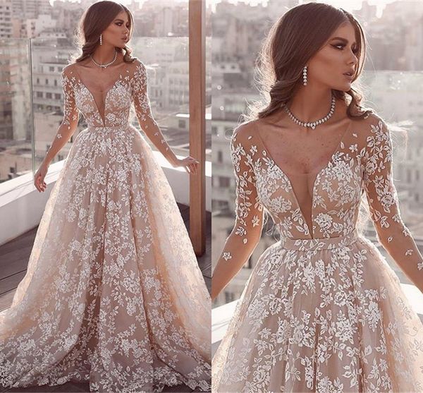 

gorgeous 3d appliques lace wedding dresses new 2020 a line arabic sheer long sleeve deep v neck long formal gowns vestidos, White