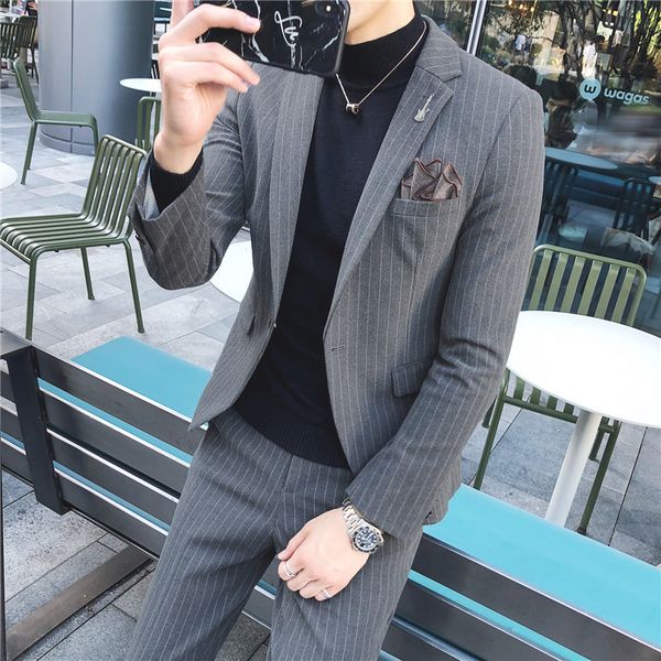 

traje elegante de hombre man striped printed jacket pant vest men 3 pieces slim fit casual sets wedding groomsmen dress, White;black