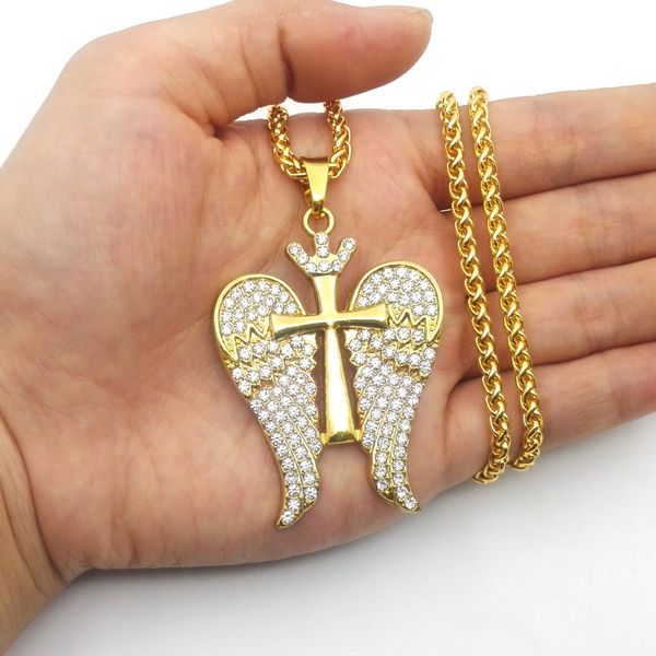 

корона креста хип-хоп ожерелье крылья ангела ожерелье для мужчин и женщин bling bling золотой кулон, Silver