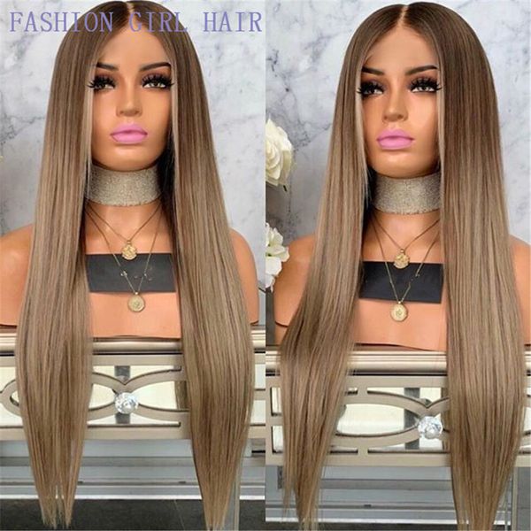 

24 inch straight wig long synthetic hair ombre blonde lace frontal wigs with baby hair for american women, Black;brown