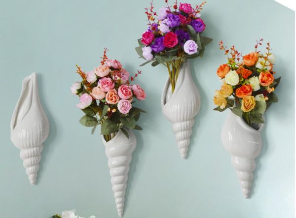 Home Decoration Accessories Conch Shell Wall Flower Vase Ceramic