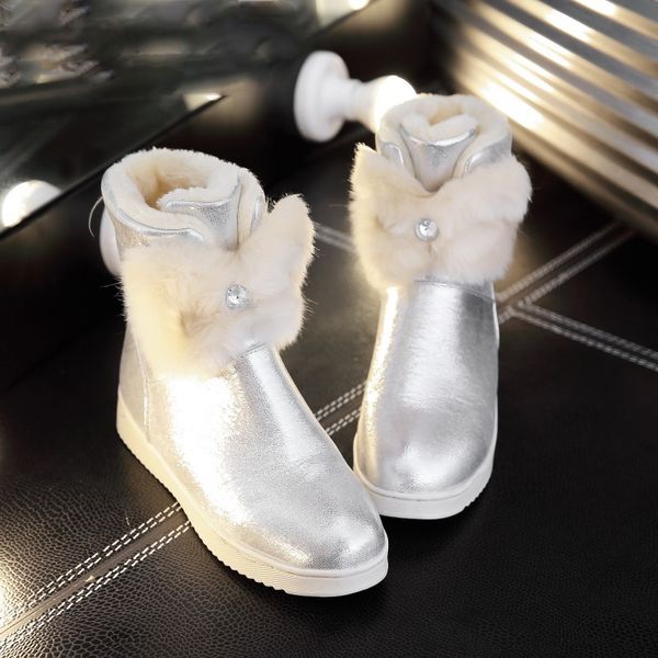 

winter women's shoes warm snow boots cute crystal pink silver flats platform ankle boots fashion 32-39 size booties, Black