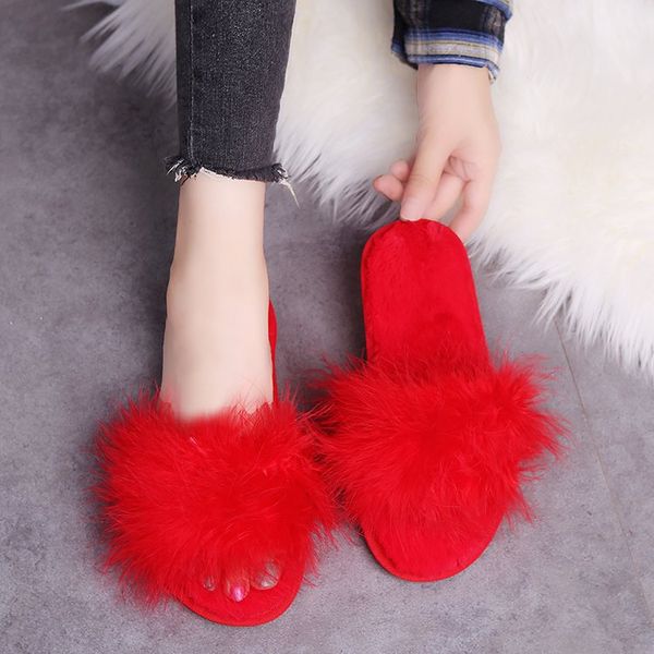 

women slippers fashion fluffy slippers women furry fur summer winter home fur slides ladies flat shoes, Black