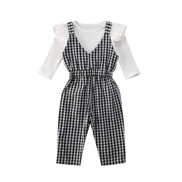 

toddler baby kids girl ruffle shirt plaid pants overalls outfit clothes, White