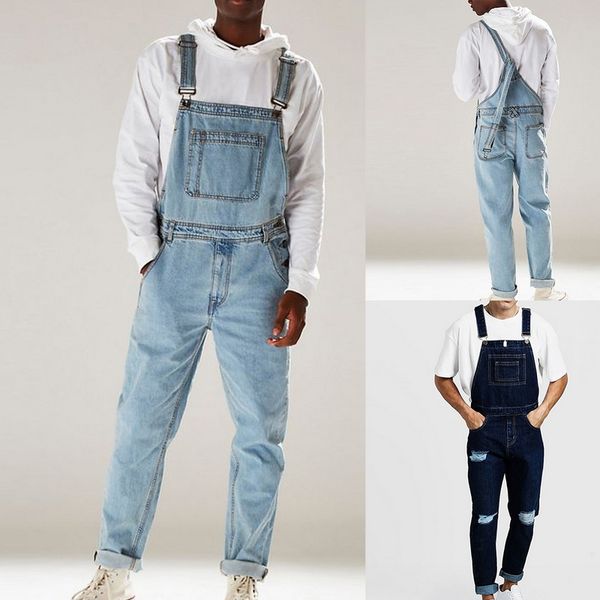 

men's fashion holes distressed slim fit stretch jeans mens denim bib overall jumpsuits casual straight loose jeans 2019 new, Blue