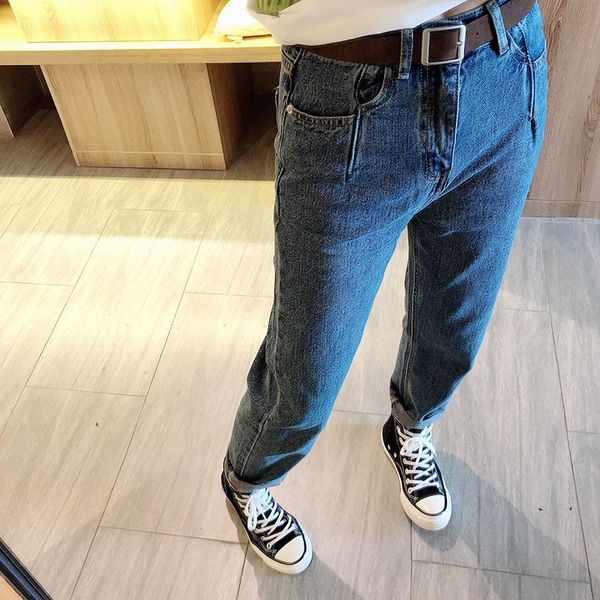 

amazon students school season 2019 autumn jeans women's loose-fit casual trousers with belt 9113, Blue