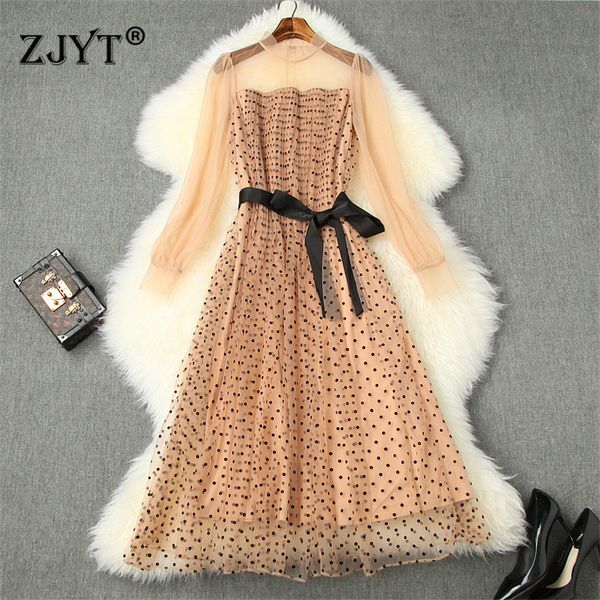 

runway fashion spring dress for women 2020 new elegant lady lantern sleeve dot print transparent tulle aline party dresses, Black;gray
