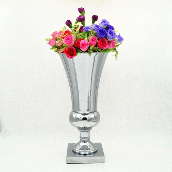 

wholesale silver metal flower vase square base trumpet flower centerpiece for wedding table decoration