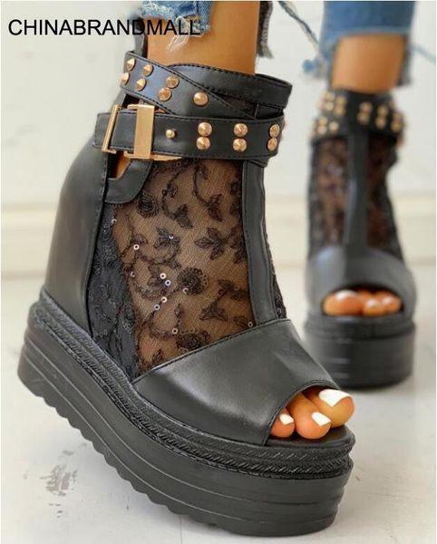 

sandalias mujer 2020 women sandals wedges shoes for women high heels sandals summer shoes chaussures femme platform, Black