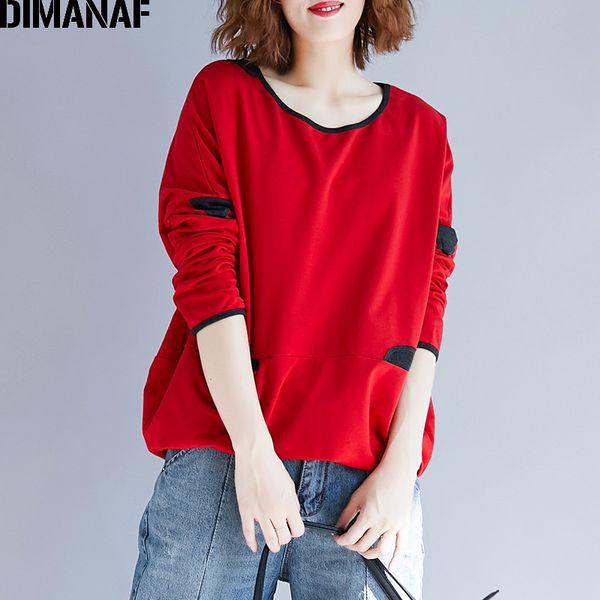 

dimanaf women winter plus size sweatshirts long sleeve cotton pullover thicken loose female clothing red with pockets, Black