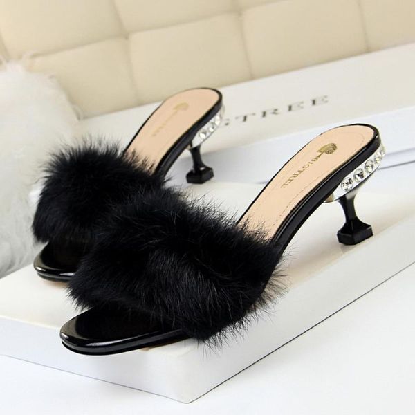 

6cm 2020 sandals korean fashion elegant wear half slippers rhinestone stiletto high-heeled fur hair with, Black