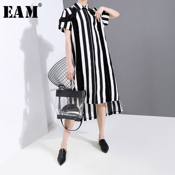 

eam] women black striped ruffles split big size shirt dress new lapel short sleeve loose fit fashion spring summer 2020 1t653, Black;gray