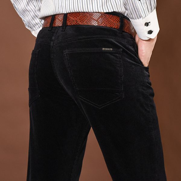 

new fashion winter pants men thick trousers mid waist loose trousers elastic corduroy pants long straight business casual, Black