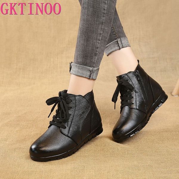 

gktinoo fashion winter platform lace-up snow boots women genuine leather warm plush ankle boots mother wedge booties big size 41, Black