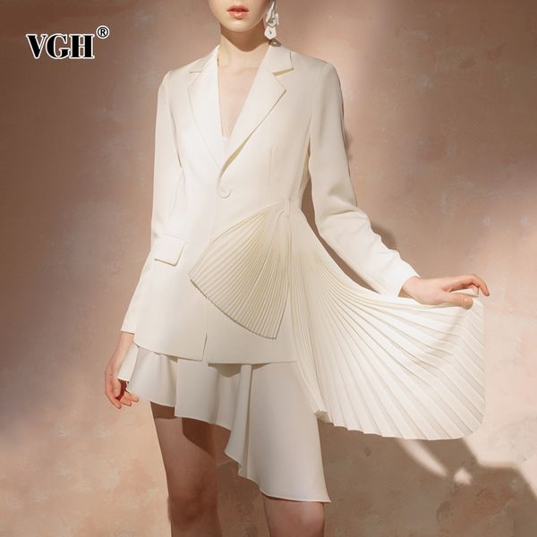 

vgh asymmetrical patchwork ruffle women's blazer notched single button loose casual pleated jacket female 2019 autumn fashion, White;black