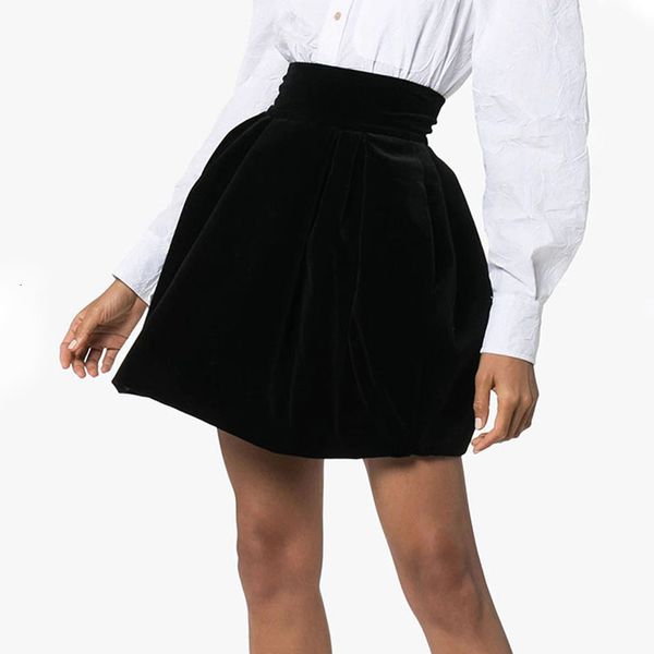 

2020 black elastic waist textured skirt preppy plain fit and flare skirts women autumn high waist short minimalist skirt