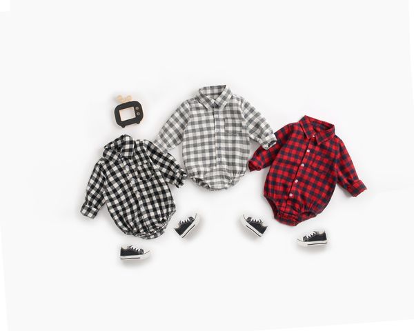 

focusnorm 0-3years 3 colors casual toddler baby boy girl bodysuit long sleeve plaid turn down collar jumpsuit autumn clothes, Blue