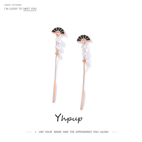 

yhpup classic fan tassel rose gold dangle earrings 316l steel stainless cubic zirconia black enamel earrings charm jewelry gift, Silver