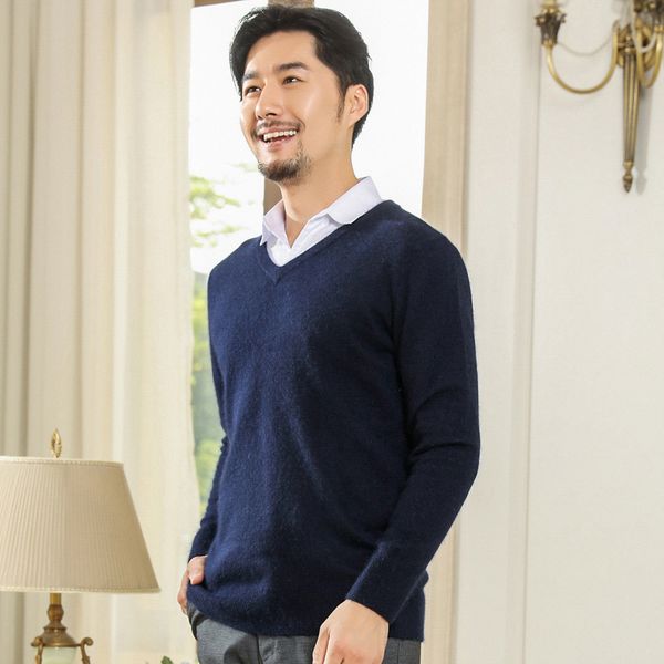 

2019 autumn new men knitted pullover cashmere sweater casual business v-neck outwear loose fit sweaters brand clothes plus size, White;black