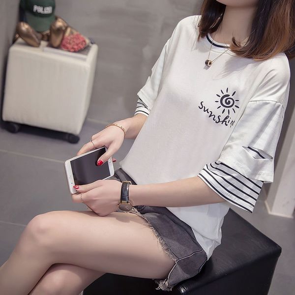 

6535 cotton dress 2019 stitching fake two-piece half-sleeve t-shirt women's women's dress, White
