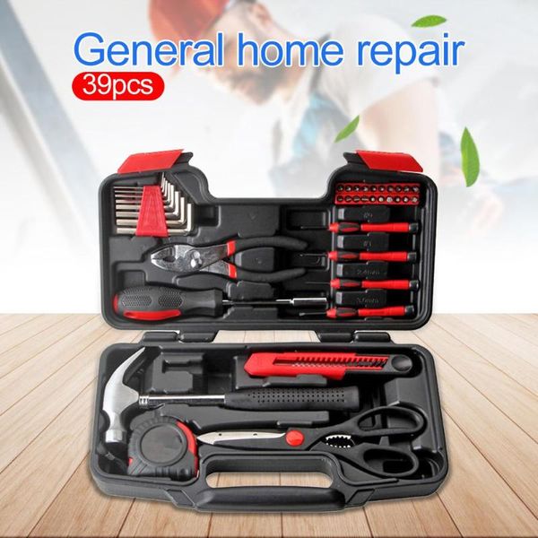 

39pcs hand tool set general household home repair tool kit with plastic toolbox storage case hammer plier screwdriver knife