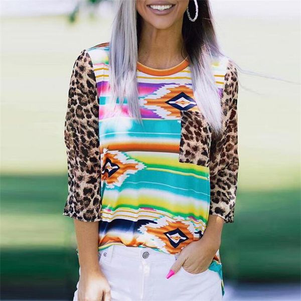 

decoration summer new style females casual tees womens leopard printed patchwork tshirts designer long sleeved pocket, White