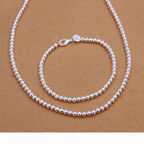 

fashion jewelry set 925 sterling silver plated 4mm beads necklace & bracelet for womanbirthday gift ing