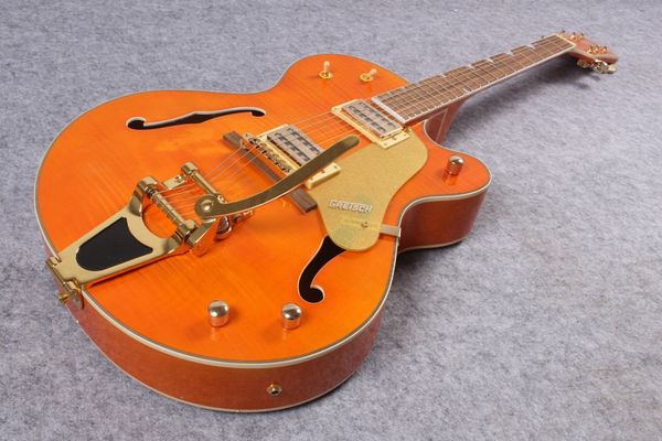 Gre Falcon G6120 Metal Orange Farbe Chet Atkins Country Jazz Halbhohlkörper E-Gitarre Pearlicid Buckel Intarsien goldenen Swing Tail