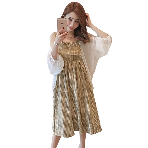 

maternity clothes 2019summer pregnant women dress fashion long sleeve sun protection clothing +plaid strap dress two-piece suit, White