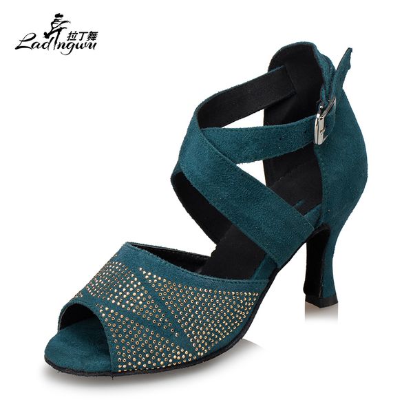 

rhinestone dark green black flannel high heels 10cm latin dance shoes women's salsa ballroom dancing performance shoes
