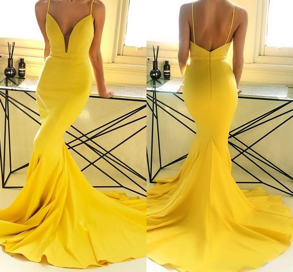 

yellow mermaid evening dresses backless spaghetti traps trumpet long bridesmaid dress prom party gowns robe de mariee, Black;red