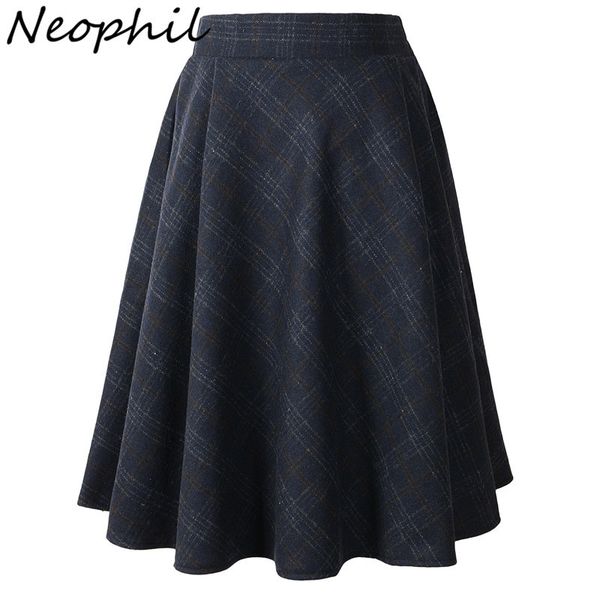

neophil 2019 winter high waist woolen plaid school pleated midi skirts women gray khaki england style tartan wool tutu saia 1926, Black;gray