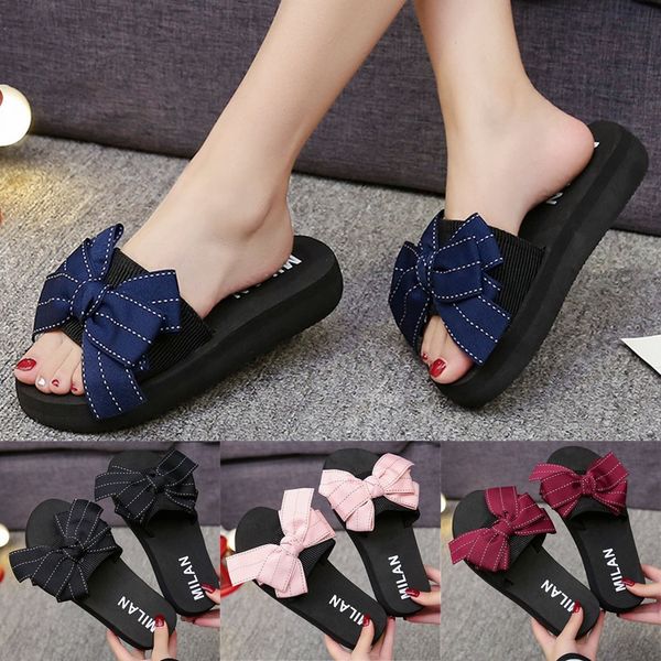 

women summer wild casual open toe bow slippers word flat bottom beach walk shoe thick-soled wear-resistant flower slipper apr 25, Black
