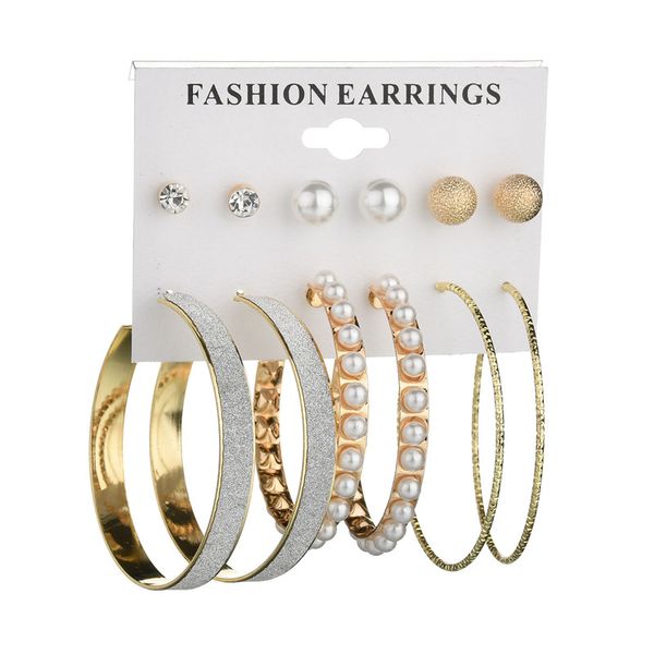 

6 pairs/set fashion exaggerated pearl hoop earrings women frosted zircon earrings set brinco jewelry, Golden;silver