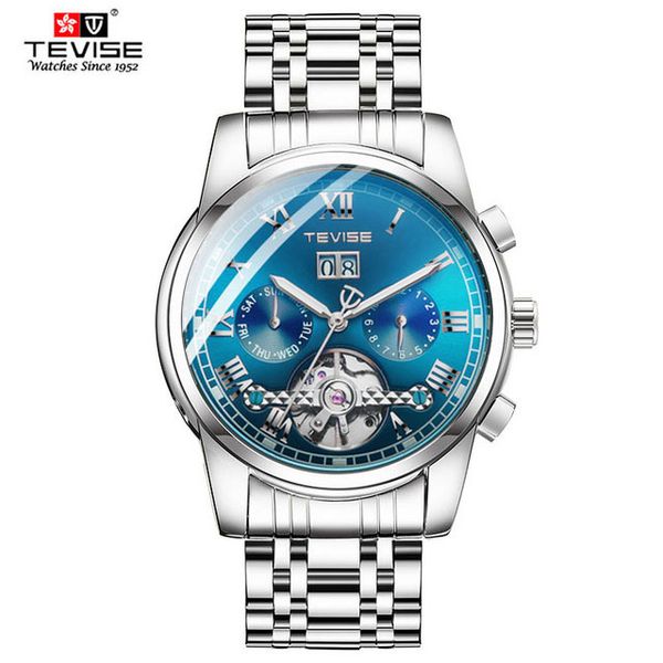 

luxury brand tevise mens automatic watches men stainless steel tourbillon calendar mechanical wristwatch relogio masculino, Slivery;brown