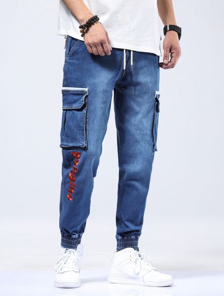 

plus size mens designer jeans fashion multi pocket harem pants loose letter print casual trousers male clothing, Blue