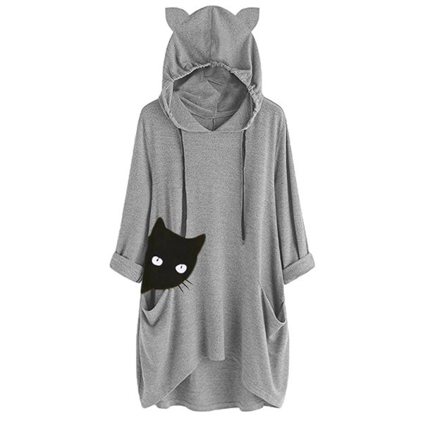

women autumn winter blouse shirt hooded print cat long sleeve pocket irregular fashion ladies, White