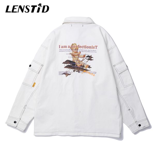

lenstid 2019 autumn new mens hip hop cargo jacket streetwear harajuku retro windbreaker kid plane print white brand jacket coats, Black;brown
