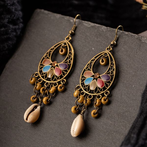 

vintage long tassel earrings ethnic natural wooden shell women earrings for woman boho layed rhinestone earings drop jewelry, Silver
