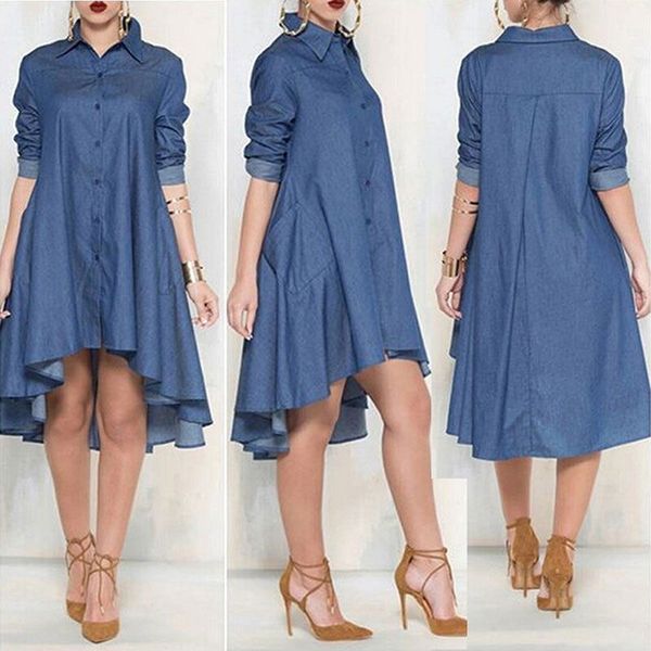 

spring autumn denim dress women korean style casual loose irregular length long sleeve buttons dresses vestidos, Black;gray