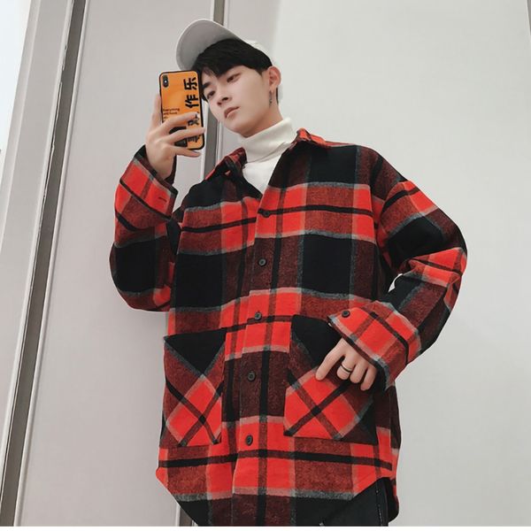 

flannel shirt men long sleeve winter casual korean loose fashion vintage mens shirts plaid oversized male and blouses 0ele, White;black